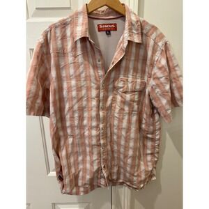 Simms Fishing Products Mens Large Orange Plaid Short Sleeve Snap Front Shirt L